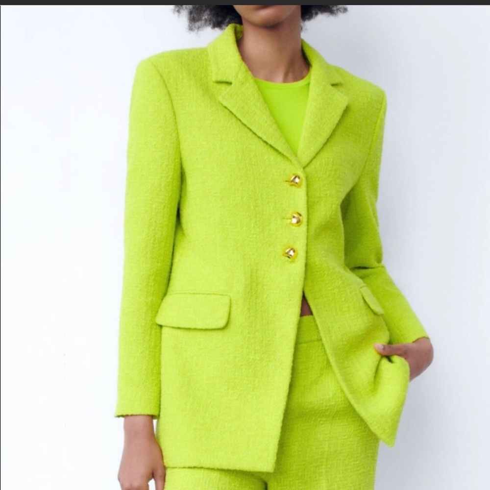 ZARA Women's Buttoned Textured Weave Blazer(Lime-green, XS